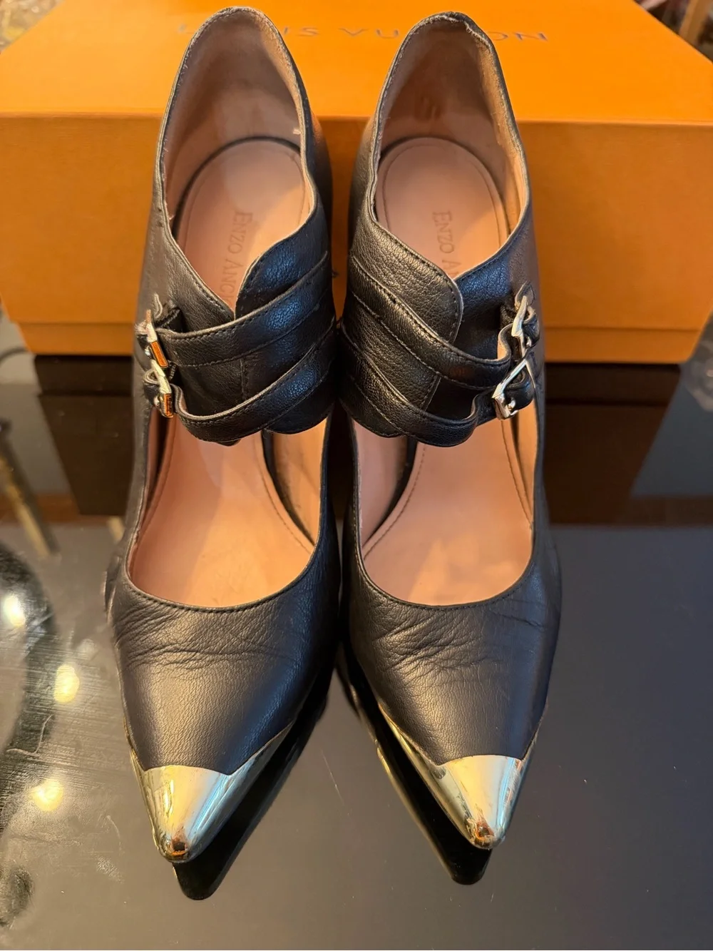 Enzo Angiolini Black Leather Double Strap Heels Gold Cap Toe size 9